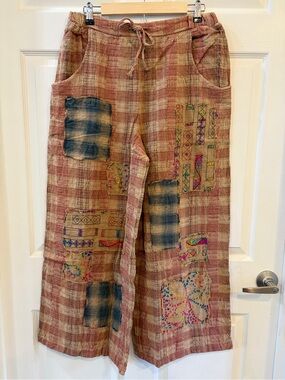 NWT Jaded Gypsy Meadow Views Sunrise Wide-Leg Plaid Pants Patches